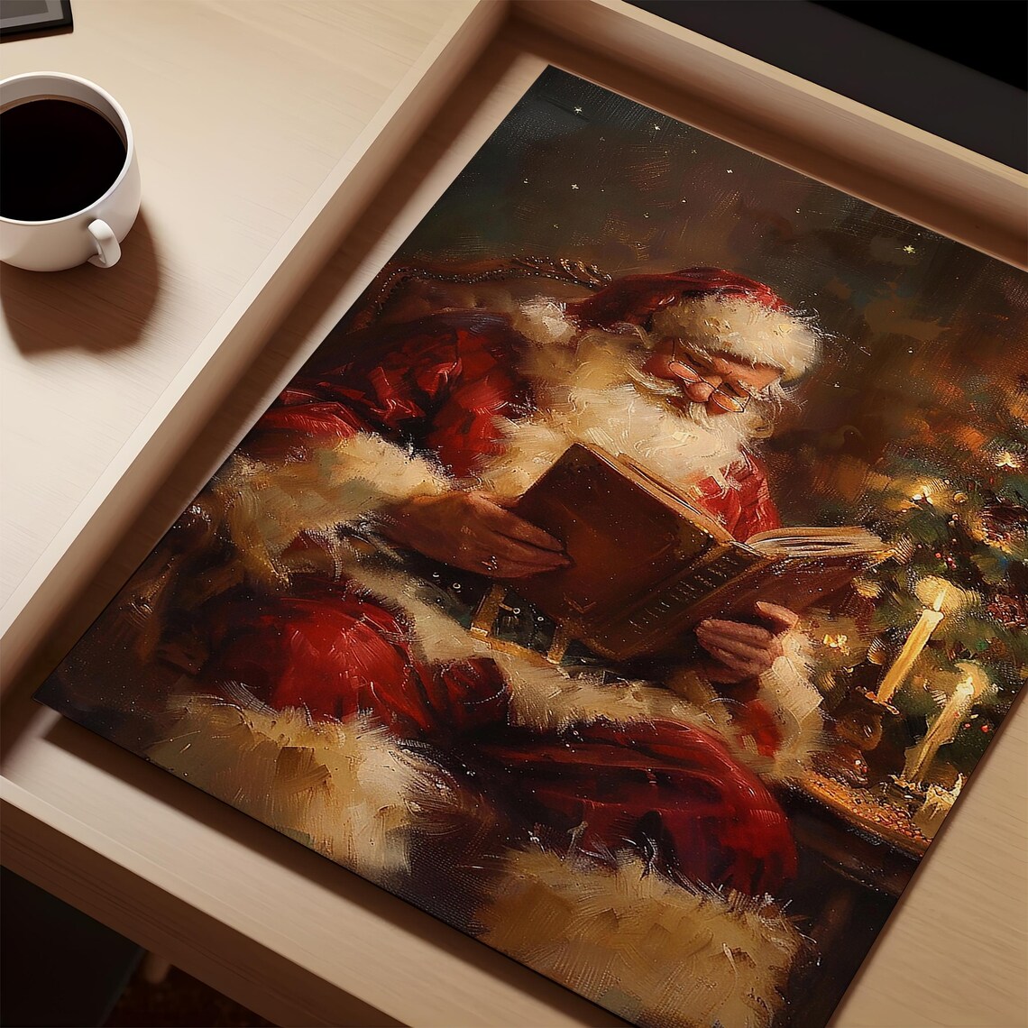 Santa Claus Reading a Book by the Fireplace Christmas Wall Art - Image 2