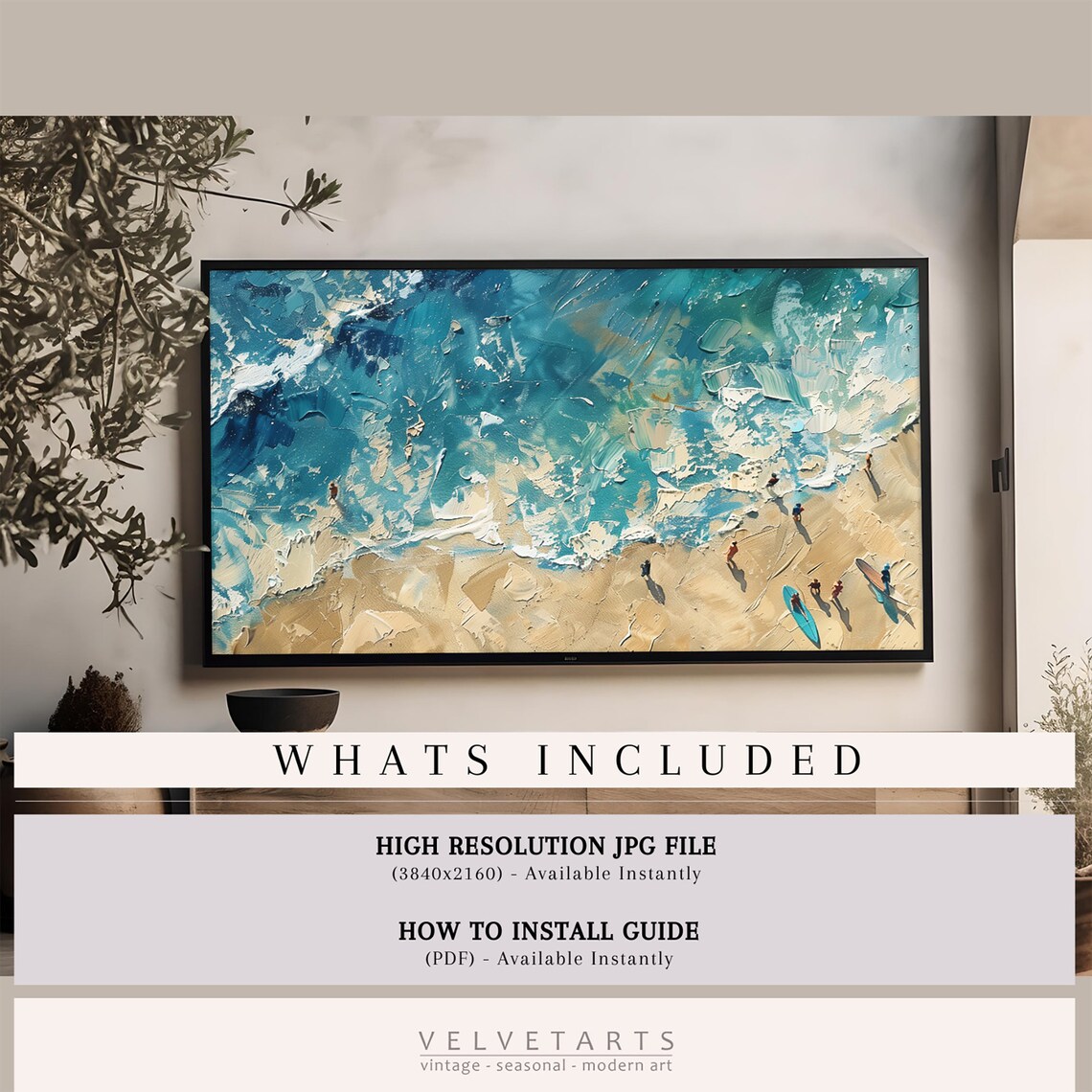 Aerial Beach Surfers Turquoise Waves Golden Sand Painting Poster - Image 4