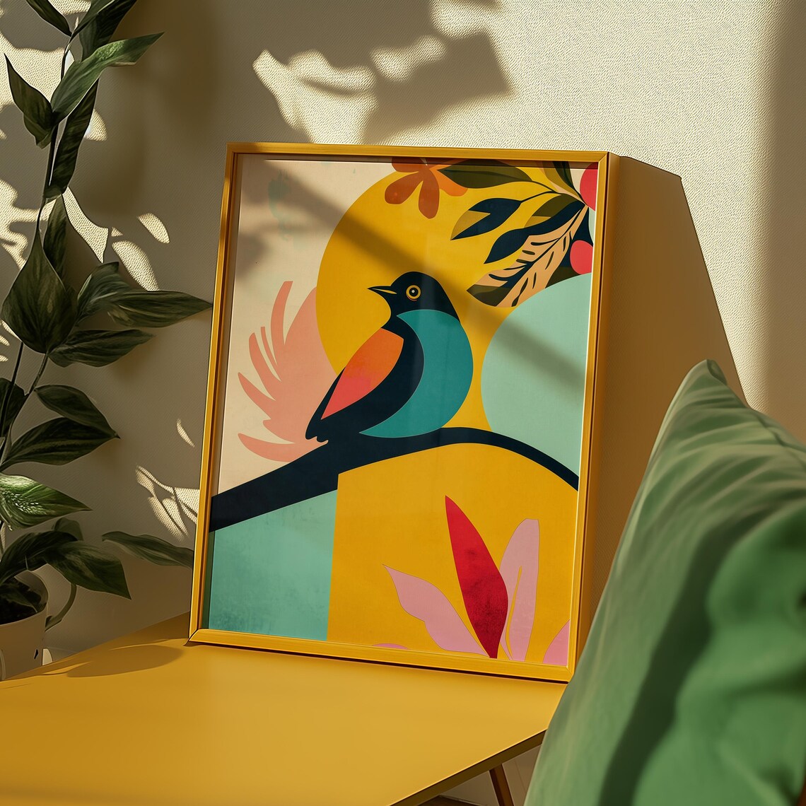 Blue Orange Bird Branch Yellow Sun Abstract Nature Art Poster - Image 3