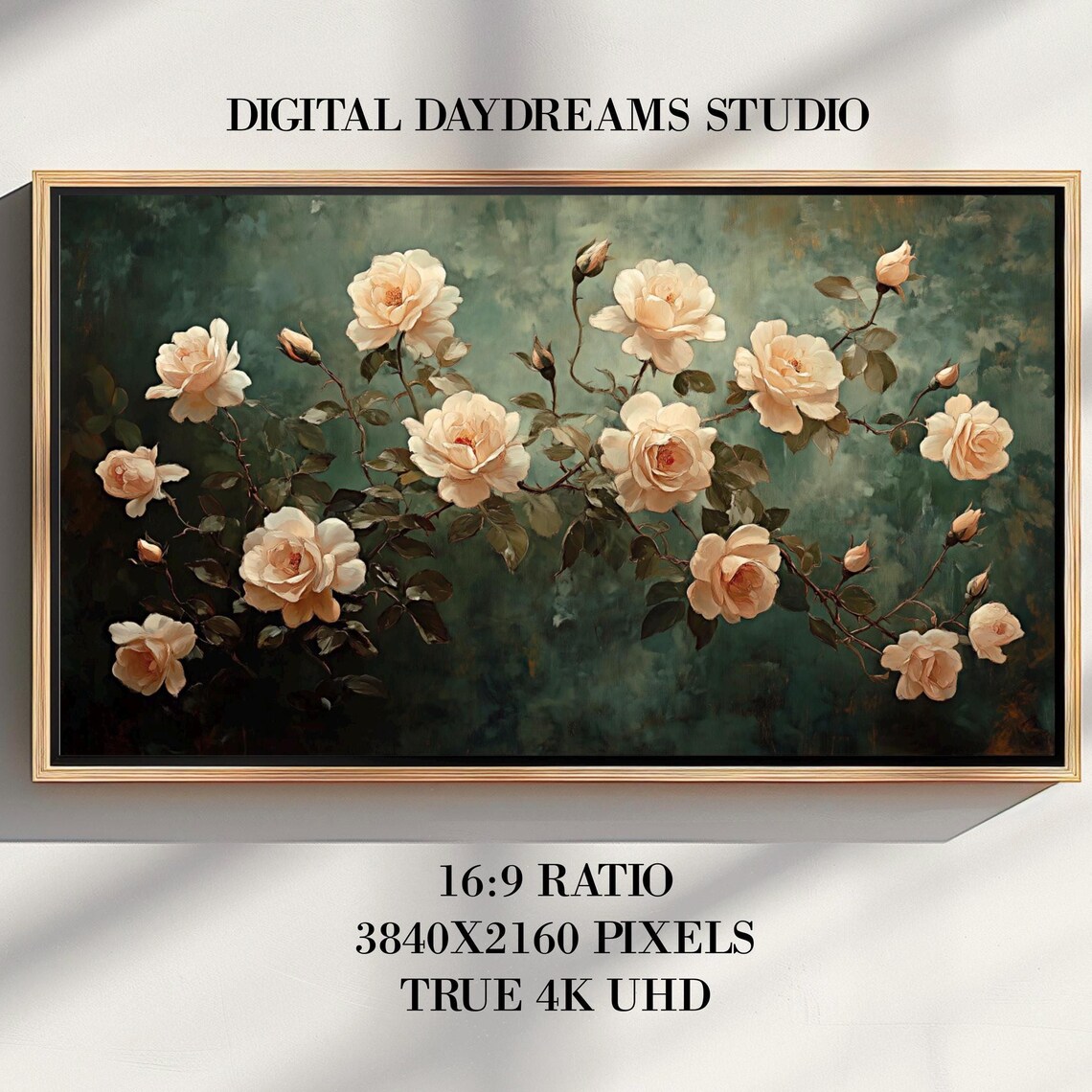 Cream Roses Branch Vintage Green Romantic Elegant Botanical Poster