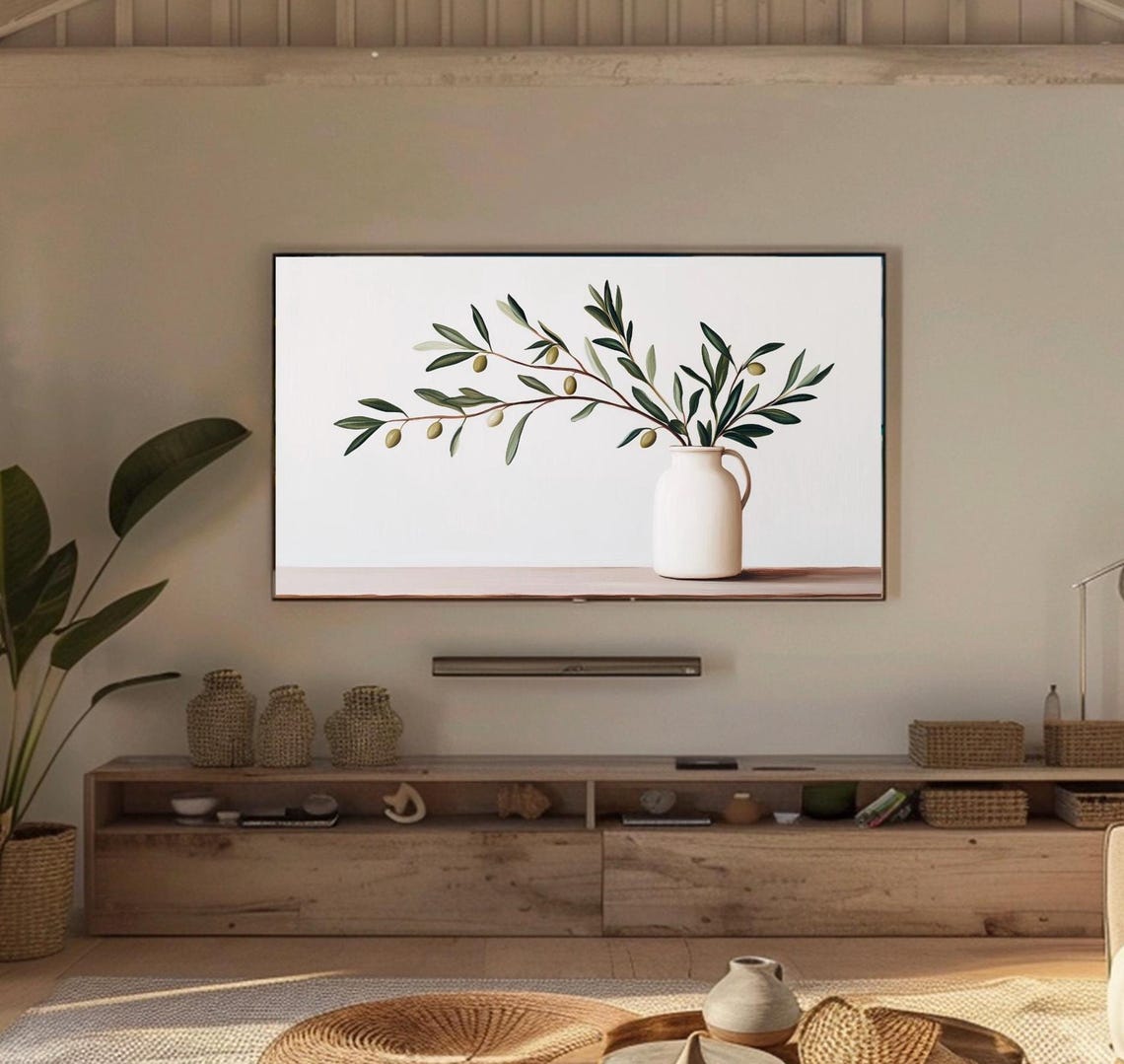 Olive Branch Still Life White Pitcher Minimalist Frame TV Art Print