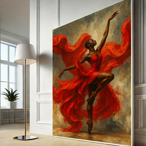 Black Ballerina In Red Dress Canvas Wall Art Elegant Dance Painting For Modern Home Decor