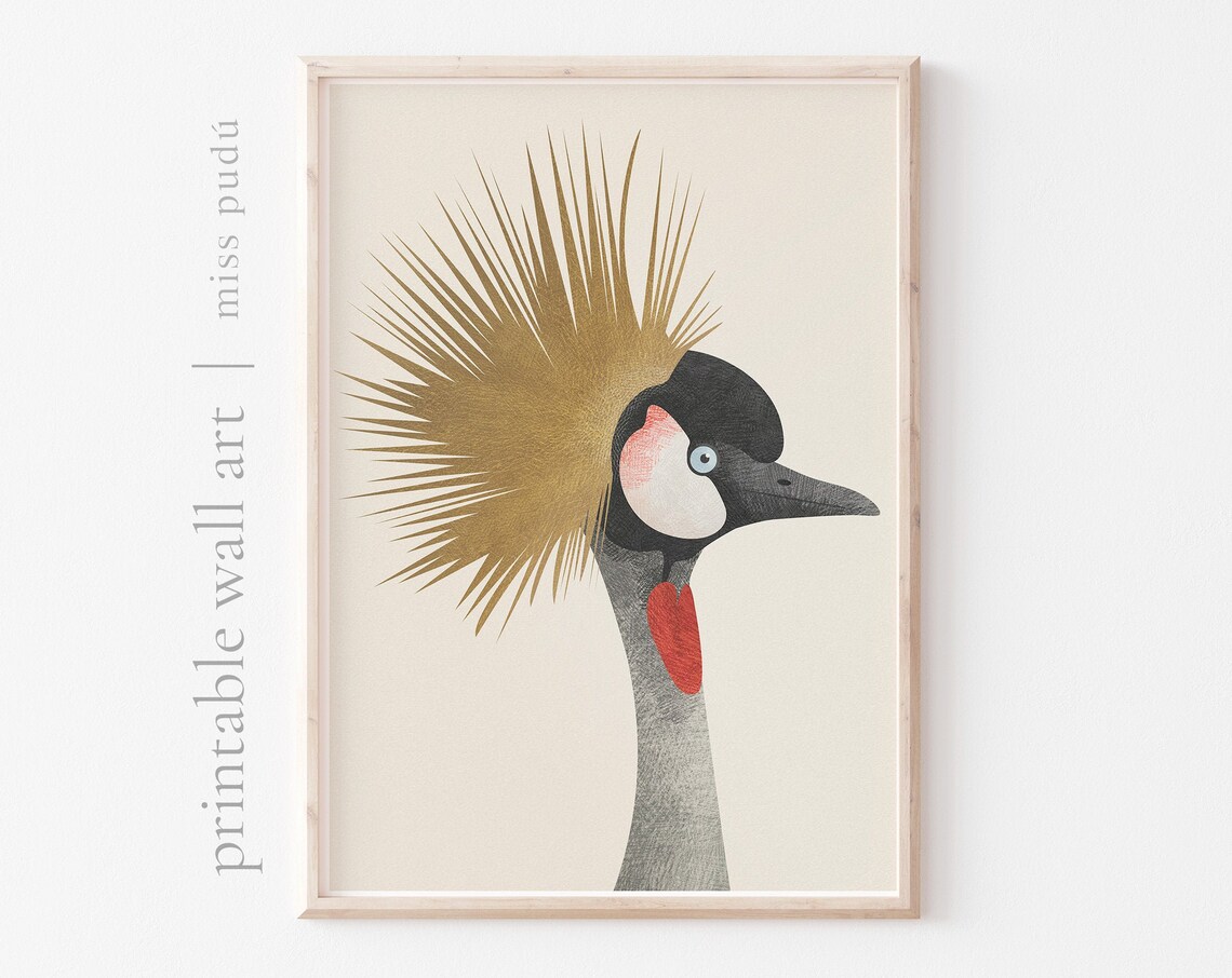 Grey Crowned Crane Illustration Poster, Modern Bird Art