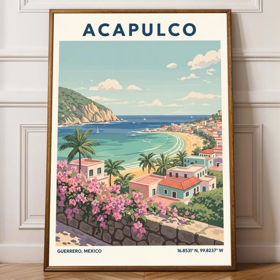 Acapulco Coastal View Poster Teal And Navy Mexican Art Contemporary Travel Illustration Pink Green Bedroom Decor