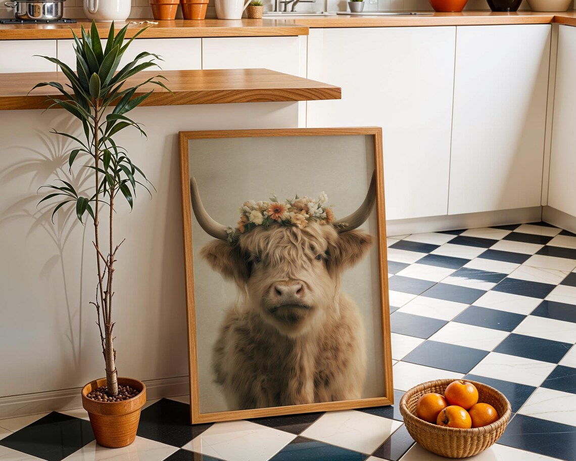 Cream Highland Cow with Delicate Flower Crown Portrait Art Poster