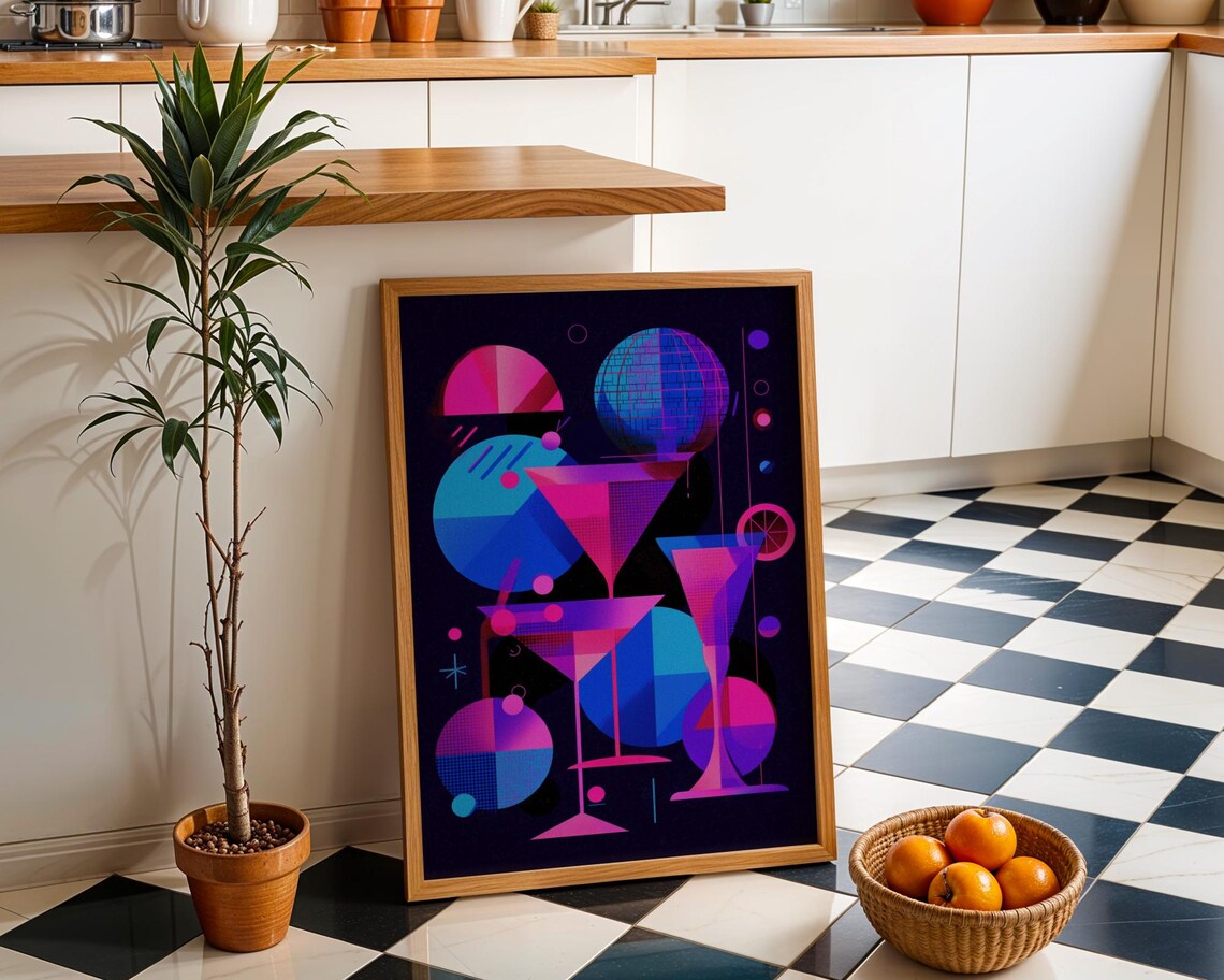 Retro 80s Cocktail Party Neon Geometric Bar Glasses Disco Ball Poster