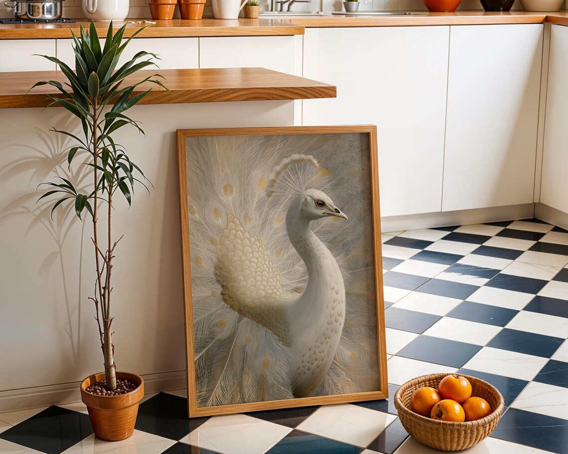 White Peacock Wall Art Neutral Boho Bird Print Elegant Nature Illustration Minimalist Botanical Dcor Modern Living Room Artwork