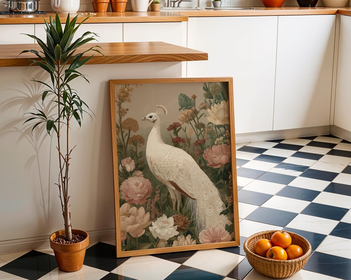 White Peacock Wall Art Neutral Boho Bird Print Elegant Nature Illustration Minimalist Botanical Dcor Modern Living Room Artwork