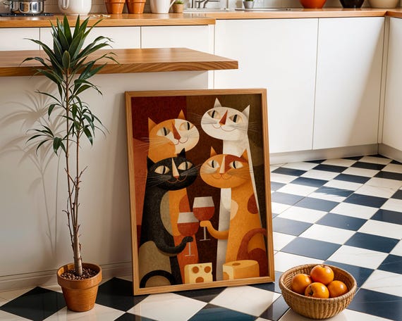 Mid Century Modern Cat Art Print Retro Cats Drinking Wine Poster Vintage Wall Colourful Abstract Feline Illustration