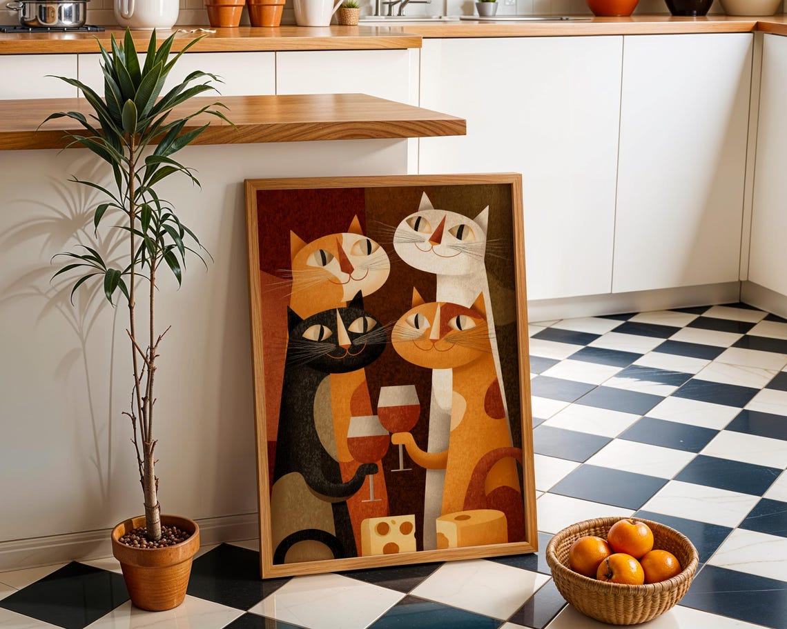 Midcentury Cats Drinking Wine Four Retro Felines Cheese Party Poster