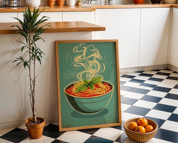 Steaming Spaghetti Bowl Basil Vintage Kitchen Illustration Poster