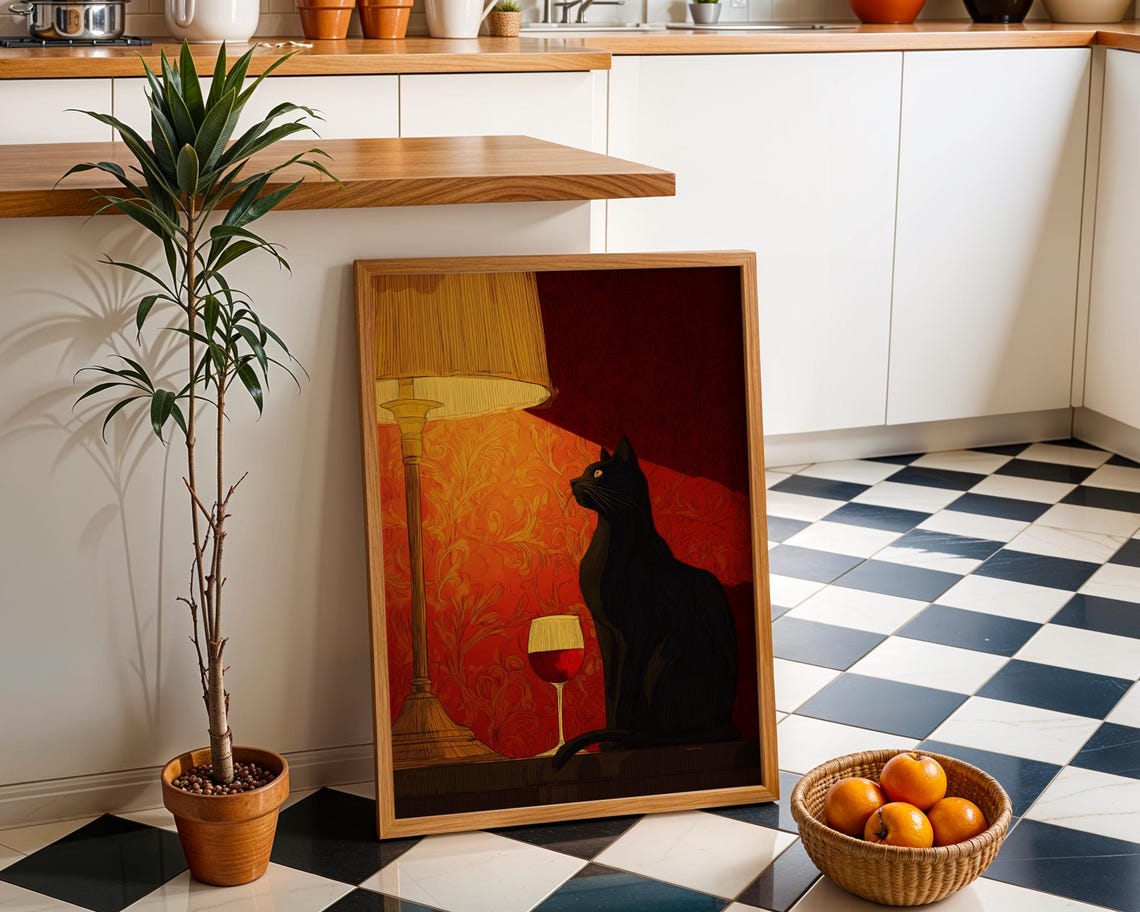 Black Cat Wine Glass Orange Damask Wallpaper Moody Art Print