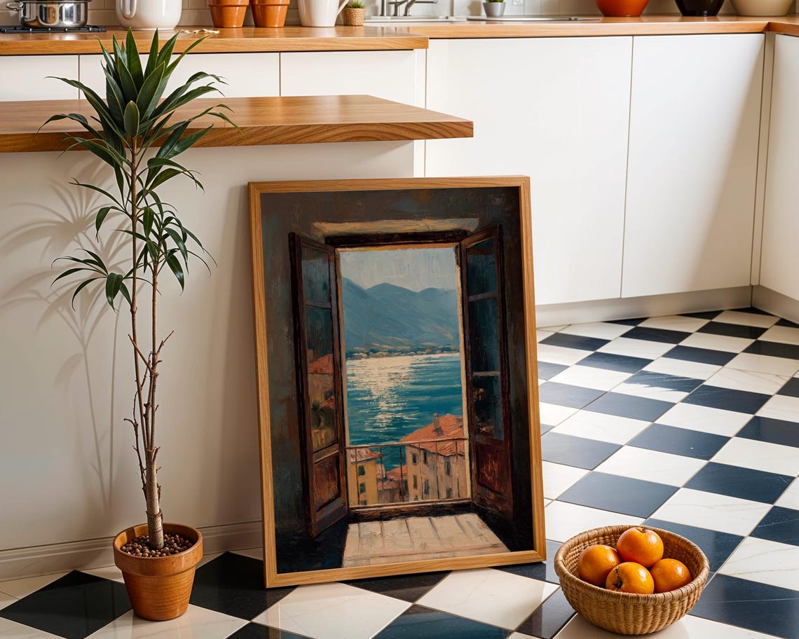 Open Shuttered Windows Overlooking Lake And Mountain Peaks Poster