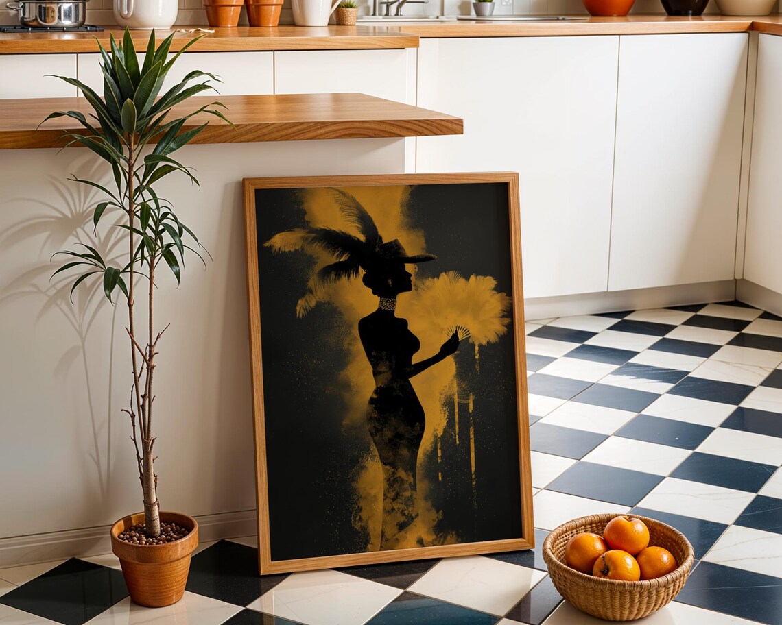 Black And Gold Burlesque Showgirl Feather Fan Silhouette Art Poster