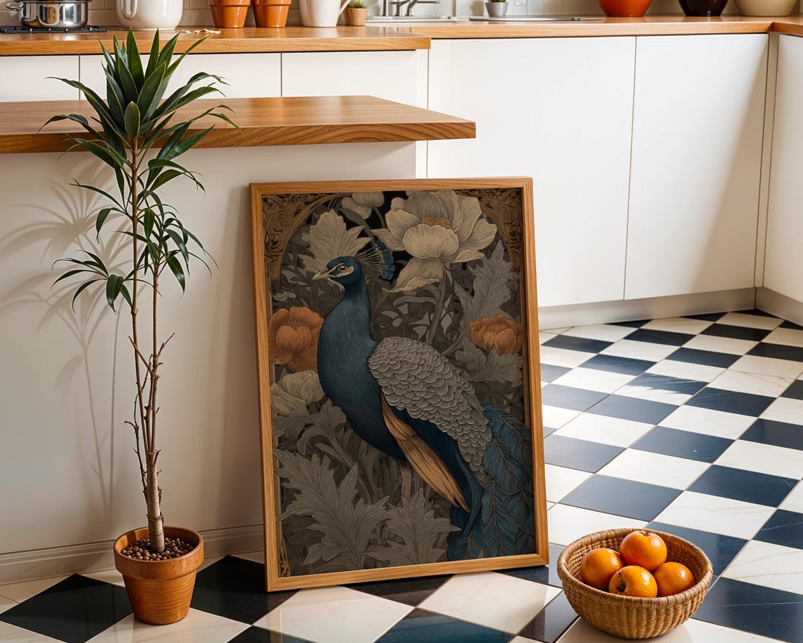 Elegant Peacock Art Nouveau Botanical Floral Vintage Wall Art