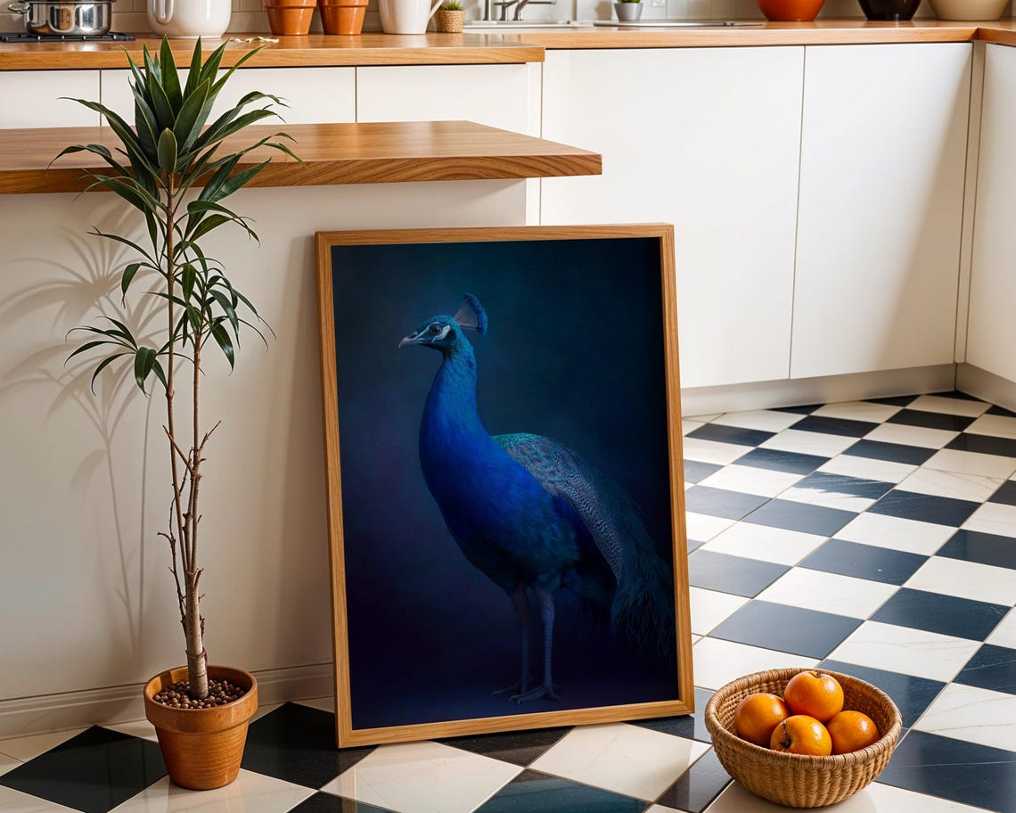 Majestic Peacock Deep Blue Portrait Dark Moody Bird Art Poster