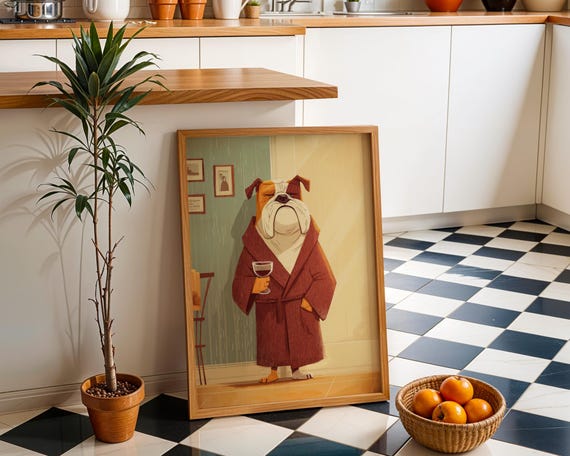 Wine Bulldog Art Print Funny Dog Drinking Wall Relaxing Illustration In Robe Whimsical Animal Dcor Fun Bar Artwork