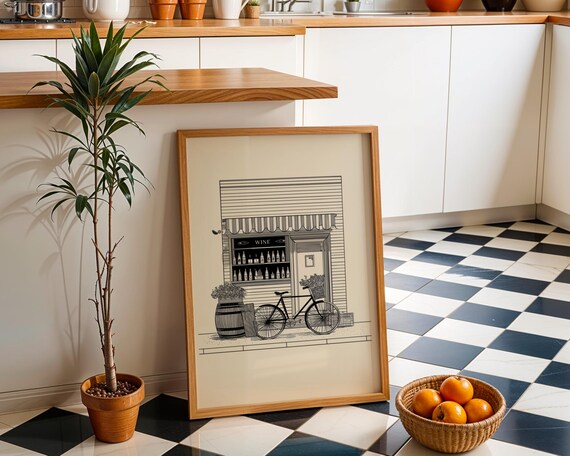 Vintage Wine Shop Bicycle Barrel Line Drawing Illustration Poster