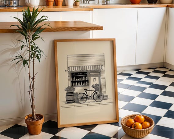 Wine Shop Art Print Vintage Store Illustration Wall Black And White Cosy Home Dcor French Poster
