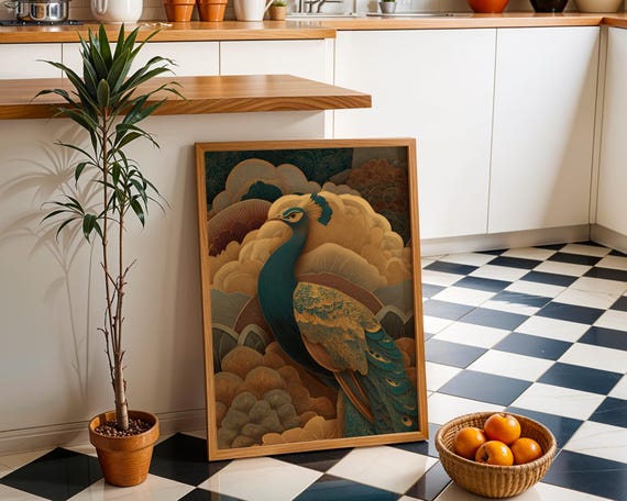 Art Deco Peacock Wall Elegant Gold Teal Bird Illustration Luxurious Vintageinspired Print Glam Boho Home Dcor Poster