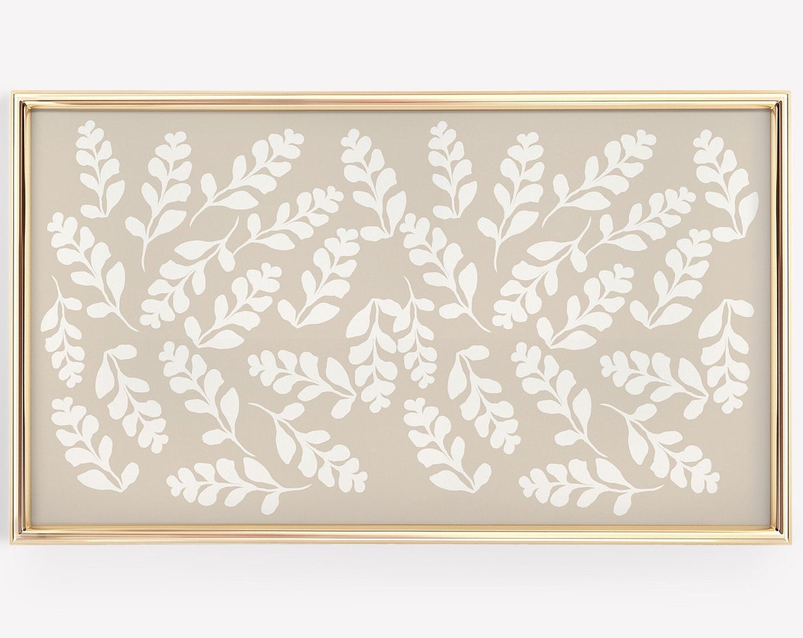 Beige Mid Century Modern Floral Sprig Pattern Decorative Art Poster