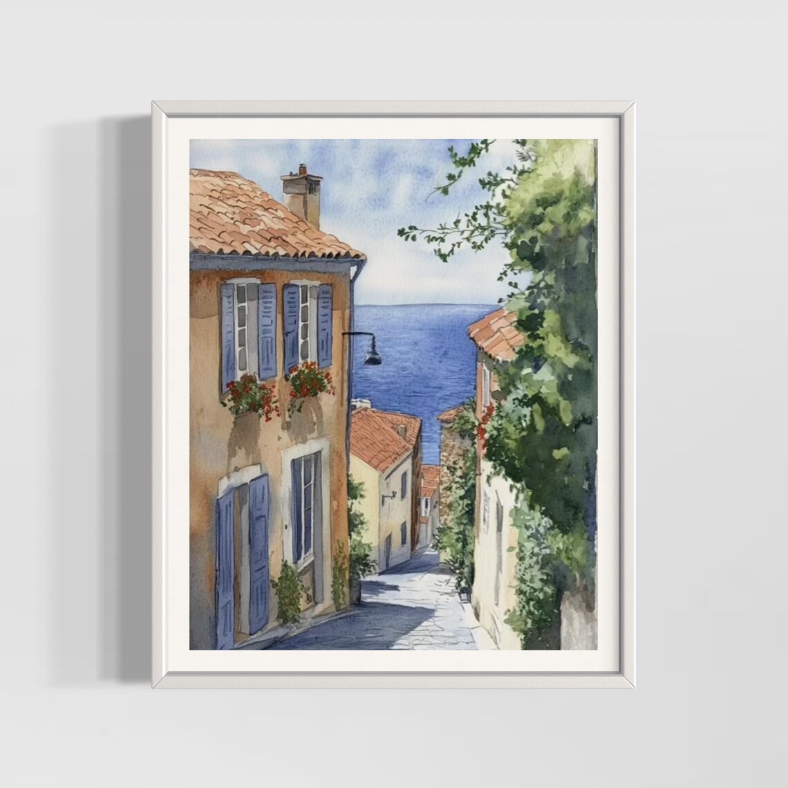 South Of France Watercolor Print, Coastal Village