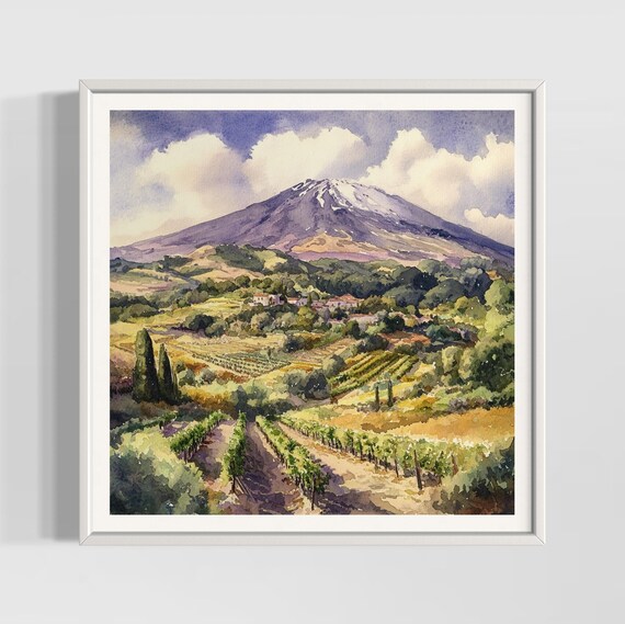 Mount Etna Vintage Watercolor Volcano Vineyards Sicily Italy Poster