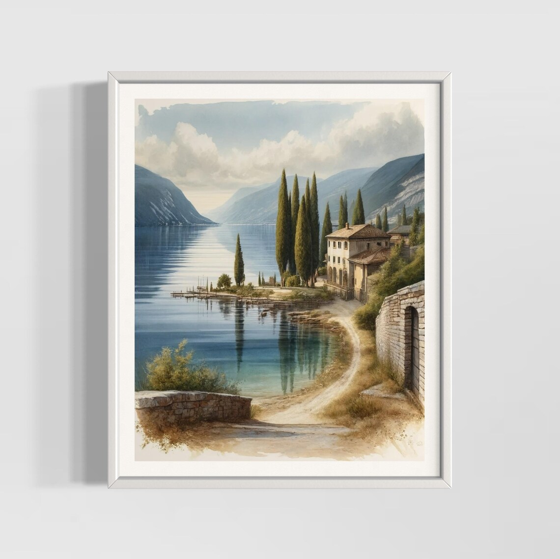 Lake Garda Watercolor Poster, Italian Lakeside Village