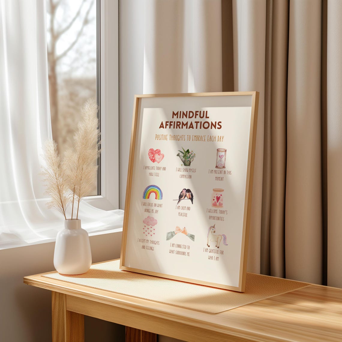 Mindful Affirmations Nine Positive Daily Thoughts Watercolor Poster