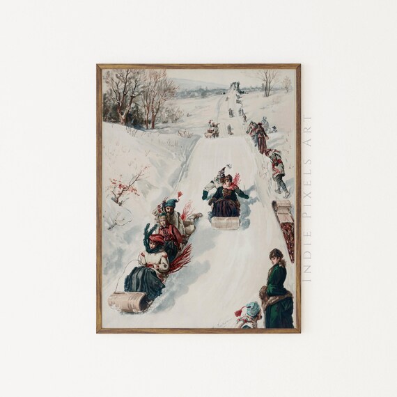 Vintage Winter Sledding Hill Scene Period Dress Snow Toboggan Art Print