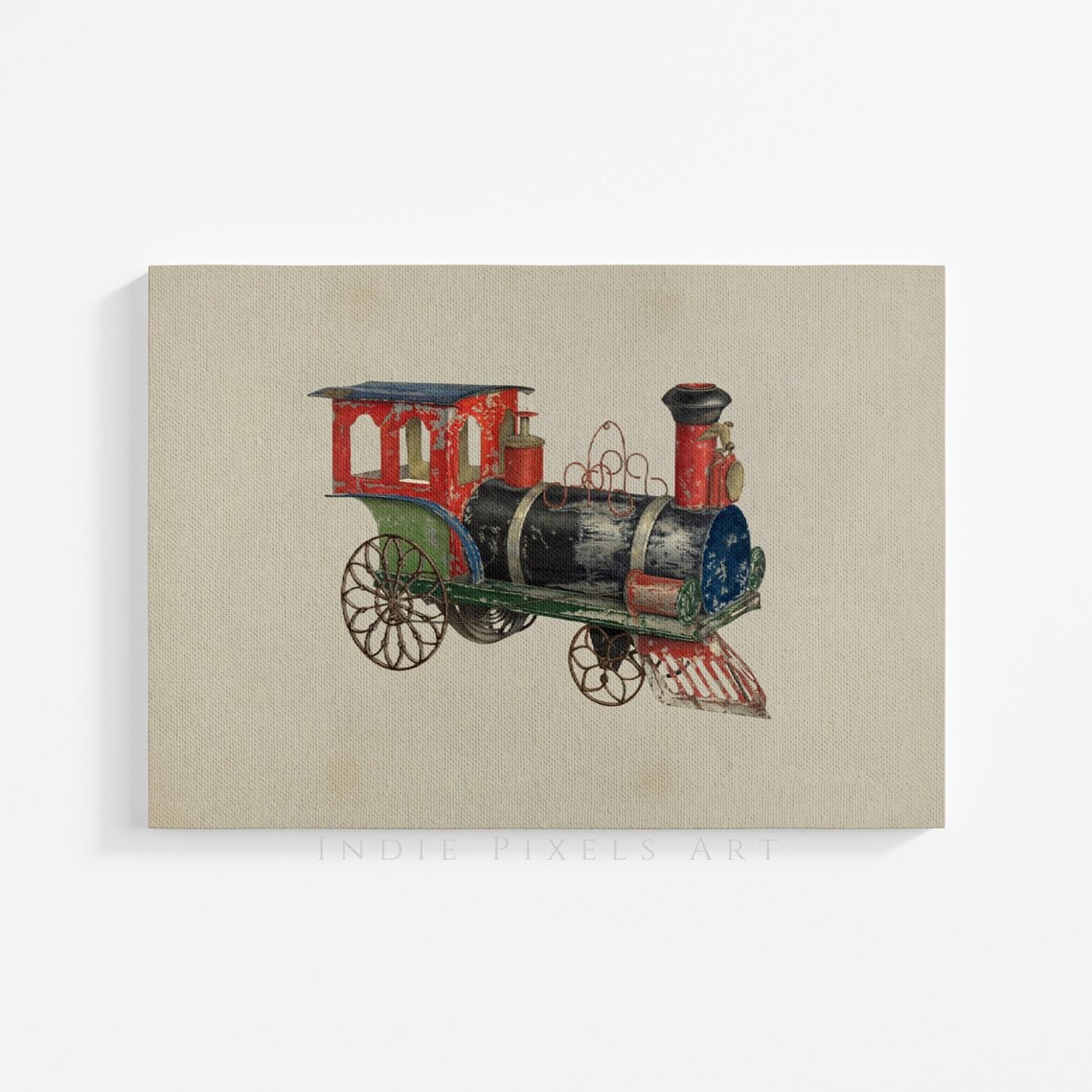 Vintage Tin Toy Train Engine Red Green Antique Locomotive Art Print - Image 4