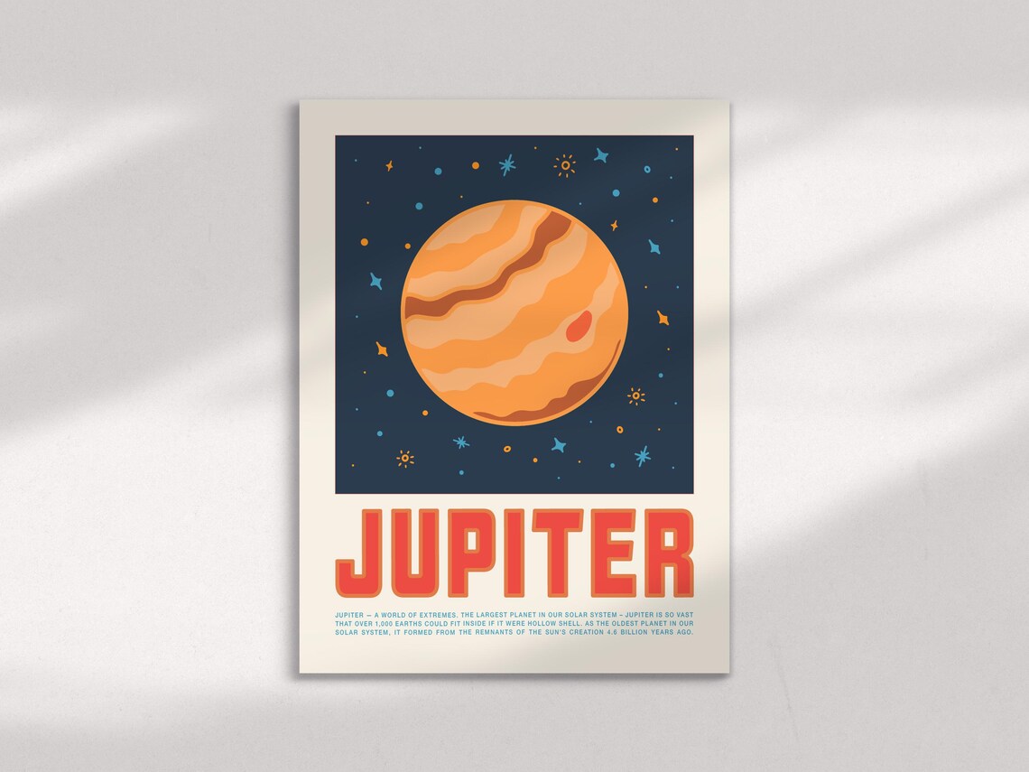 Retro Jupiter Planet Banded Orange Starry Night Space Room Poster