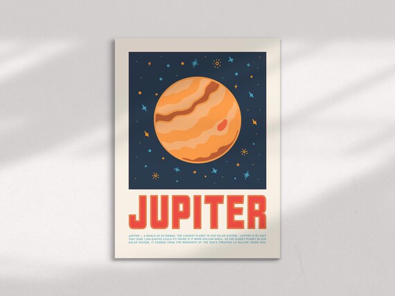 Retro Jupiter Planet Banded Orange Starry Night Space Room Poster