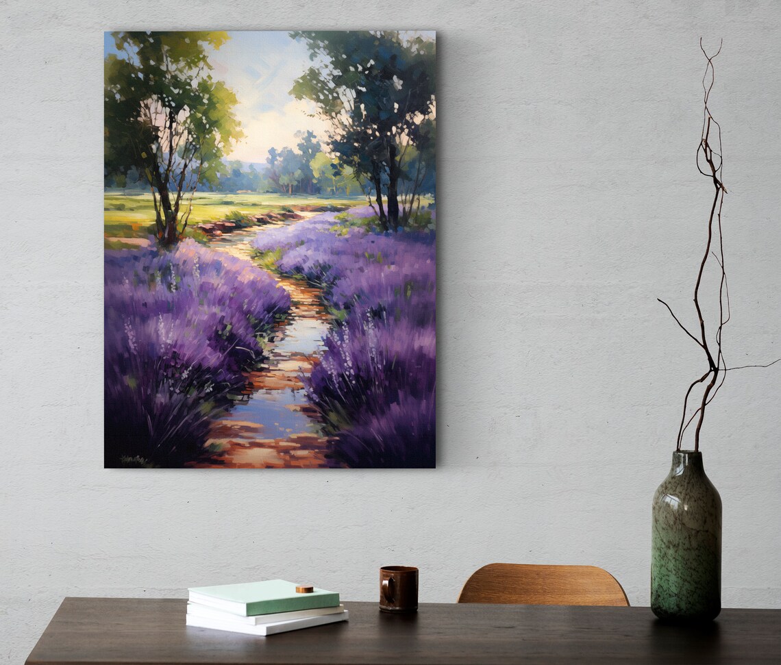 Purple Wildflower Banks Poster Along a Stream in Impressionist Style - Image 2