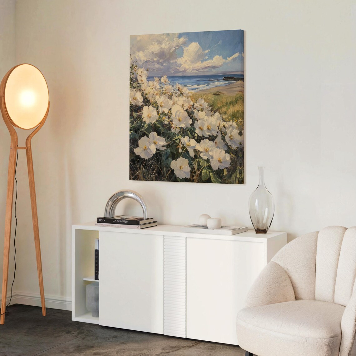 White Beach Roses Poster Blooming Above the Sea Under Cloudy Skies - Image 2