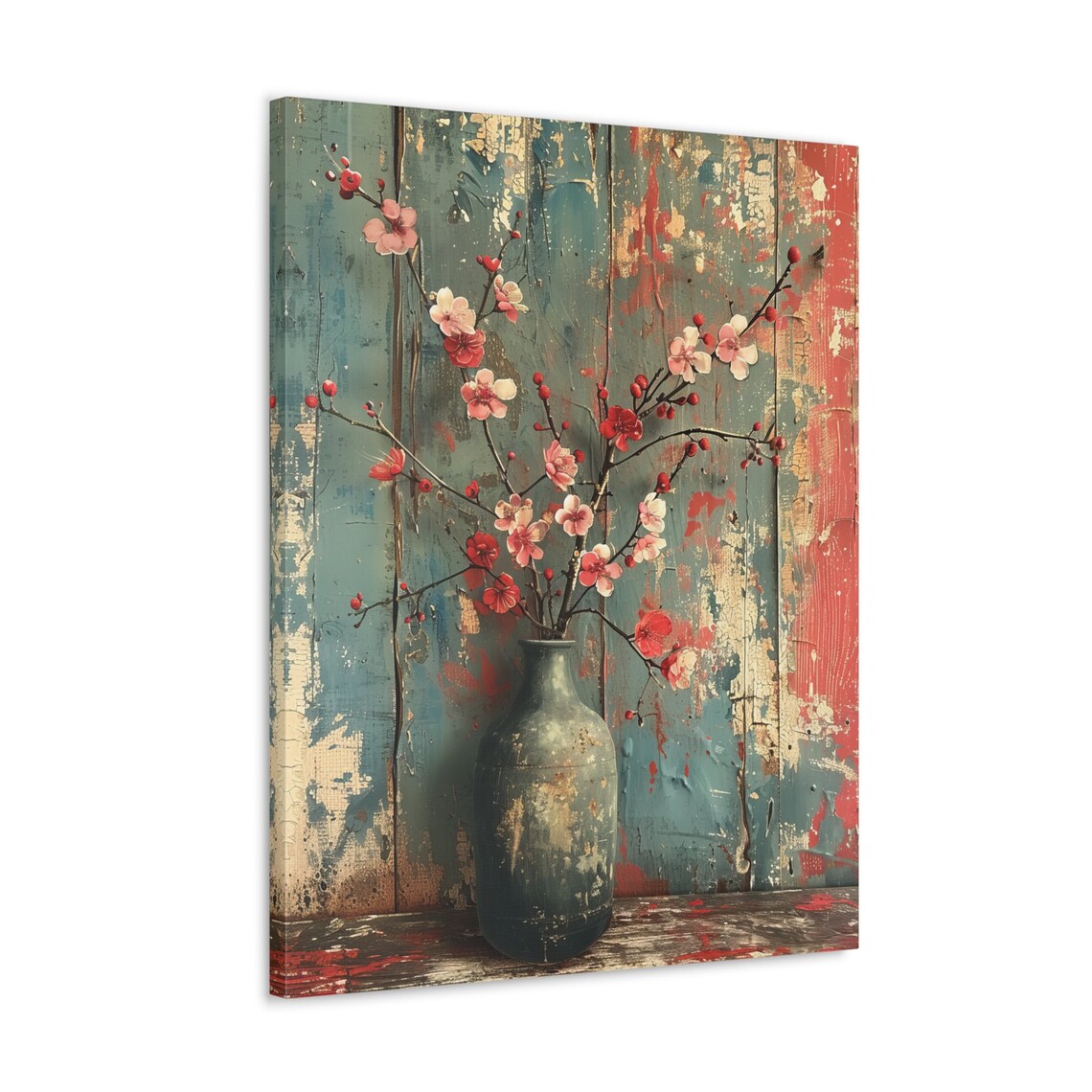 Red Blossom Branches Vintage Vase Distressed Wood Still Life Poster - Image 4