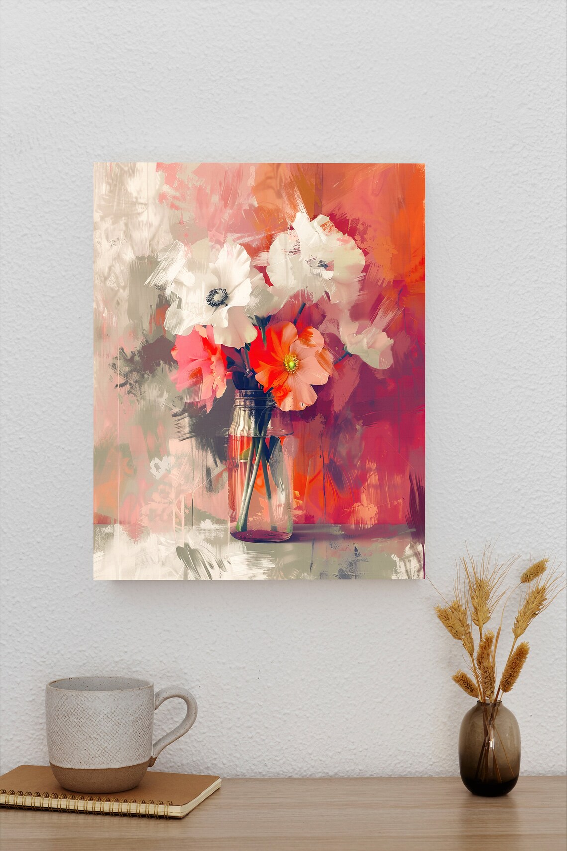 White Anemones and Coral Flowers Poster in Glass Jar Abstract Floral - Image 2