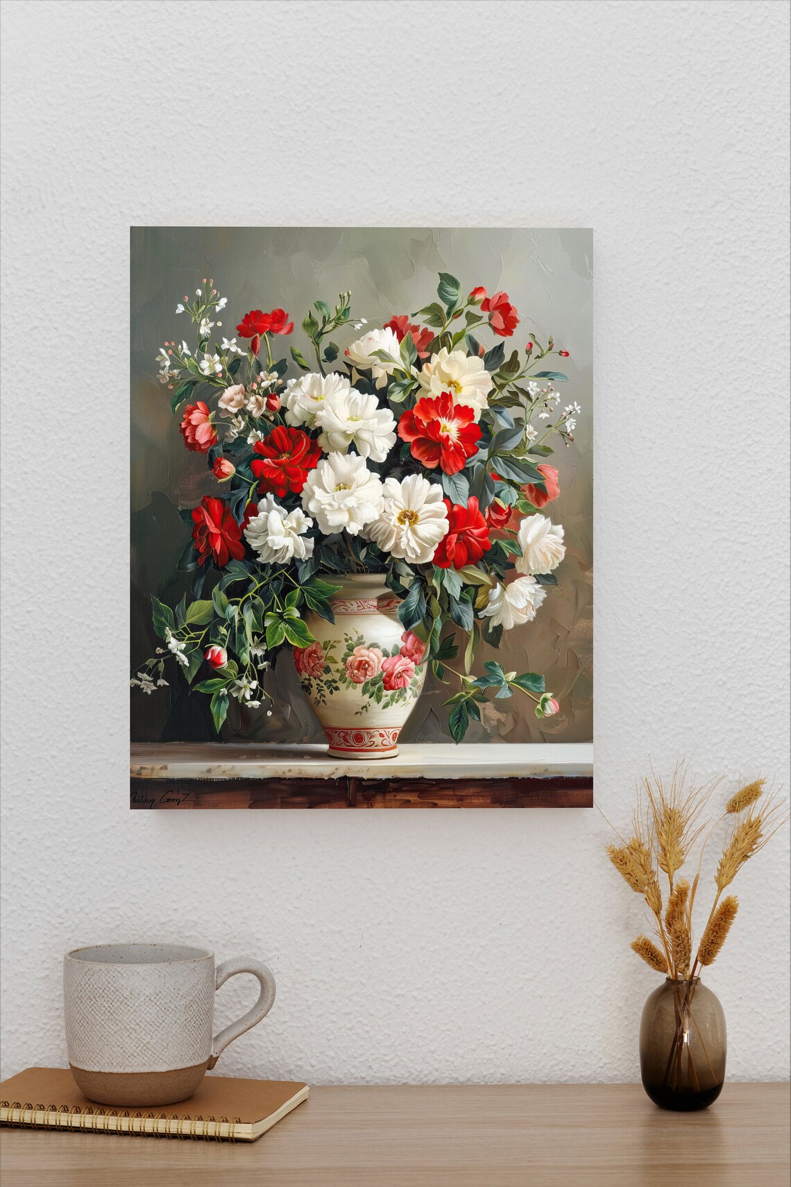 Red and White Roses in Decorated Porcelain Vase Still Life Poster - Image 2