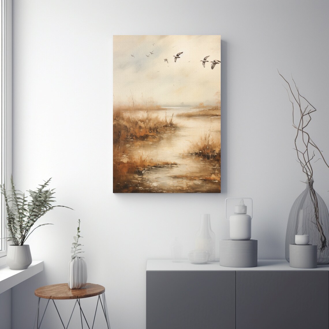 Misty Marsh Wetland with Flying Ducks at Dawn in Warm Tones Poster - Image 3
