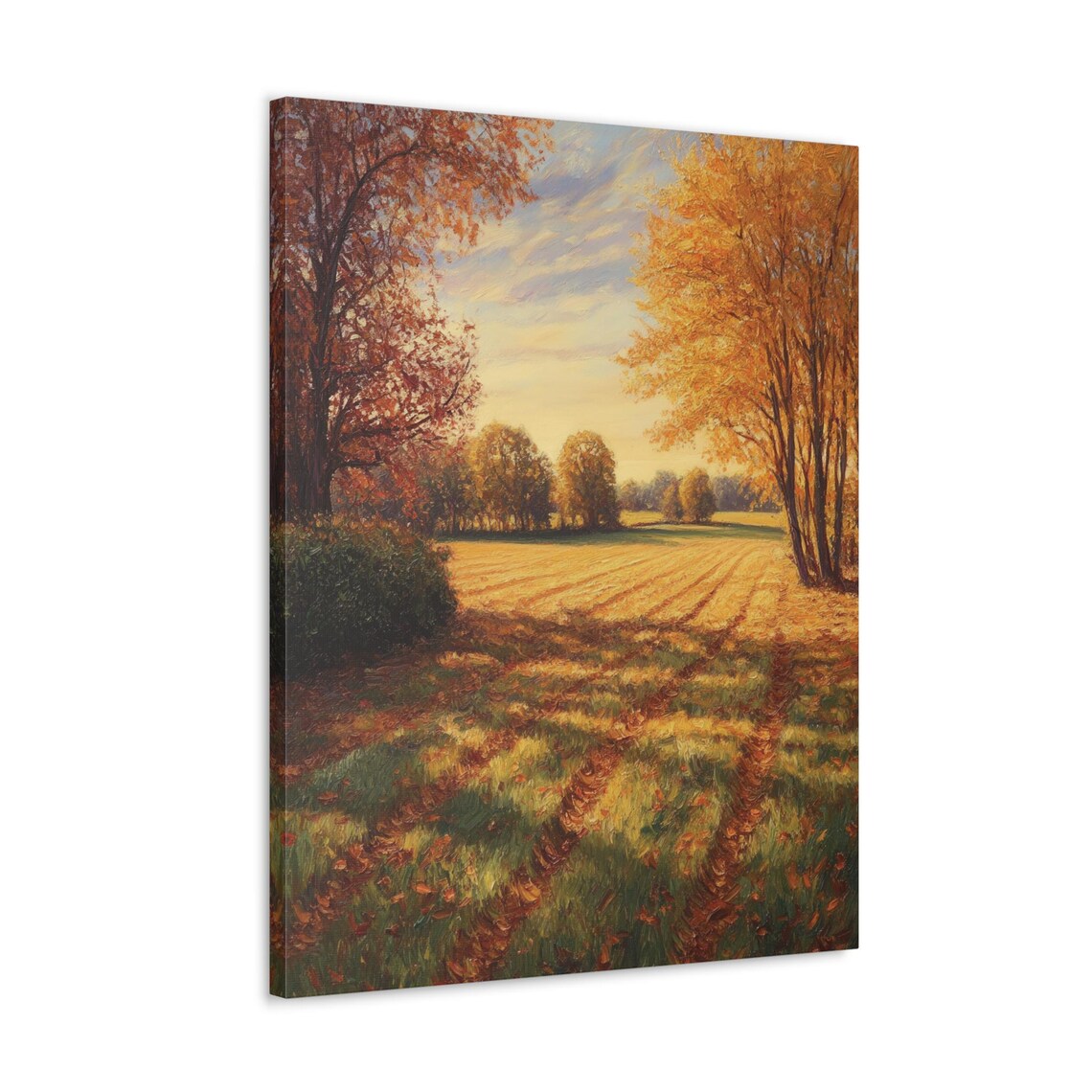 Golden Autumn Field Poster with Tree Shadows Under a Sunrise Sky - Image 4