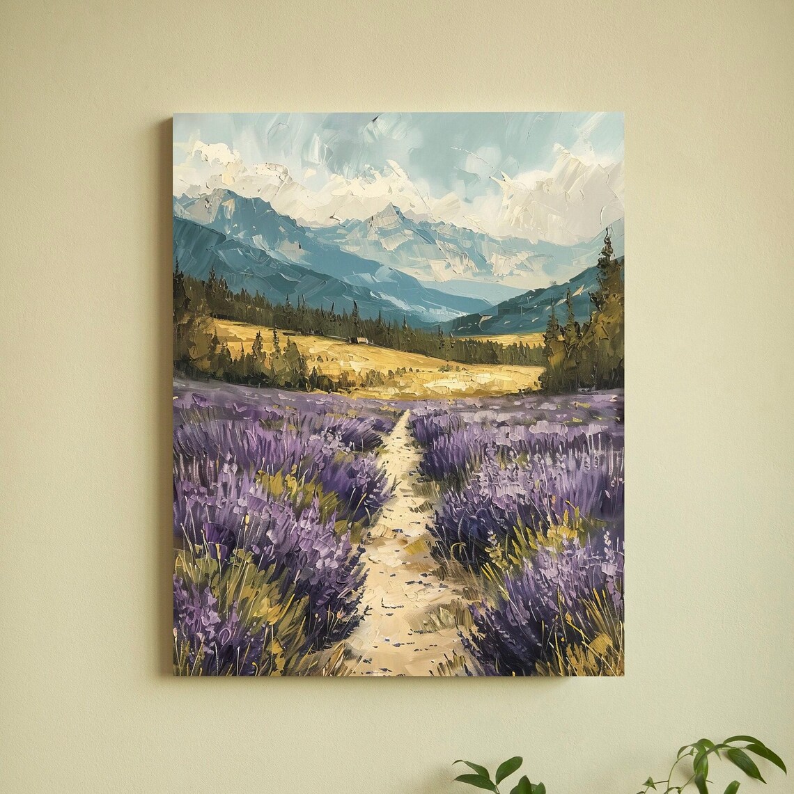 Lavender Field Path Leading to Blue Mountain Peaks Oil Poster