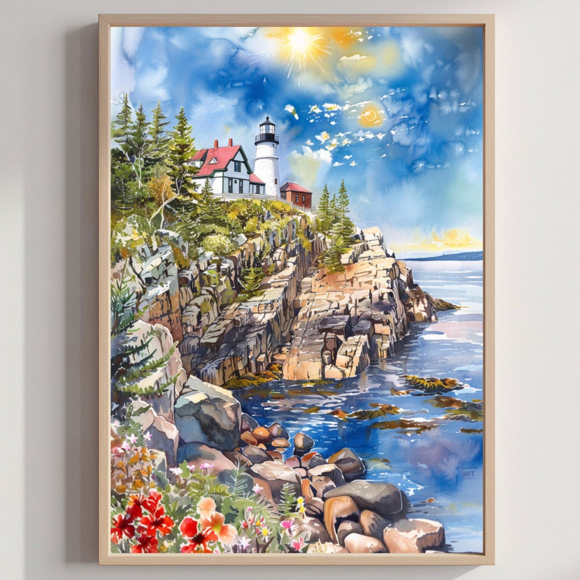 Acadia Maine Lighthouse Rocky Coast Cliffs Watercolor Poster