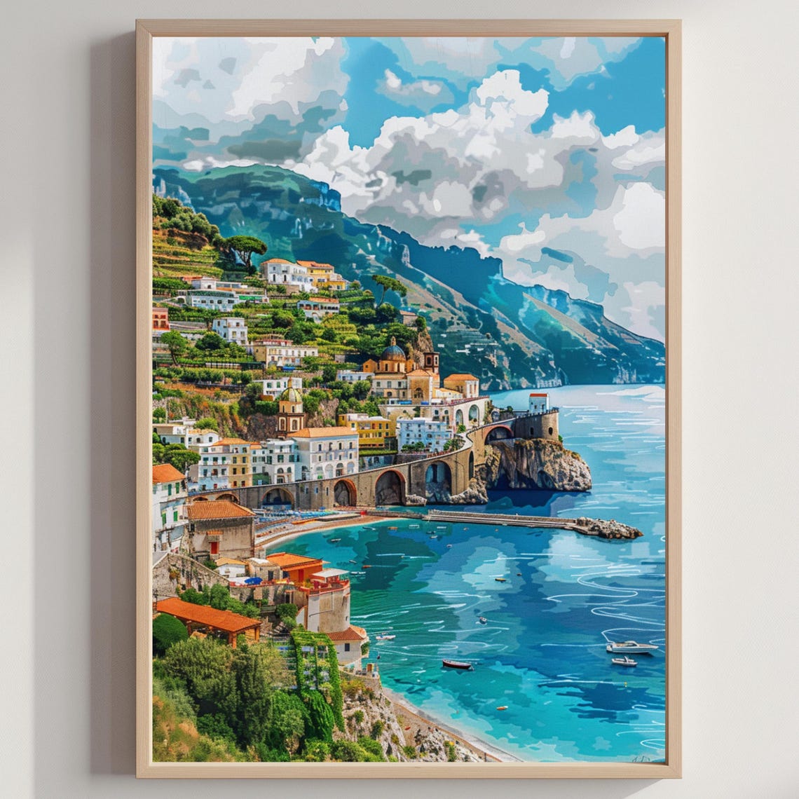 Amalfi Coast Italy Cliffs Seaside Town Watercolor Travel Poster