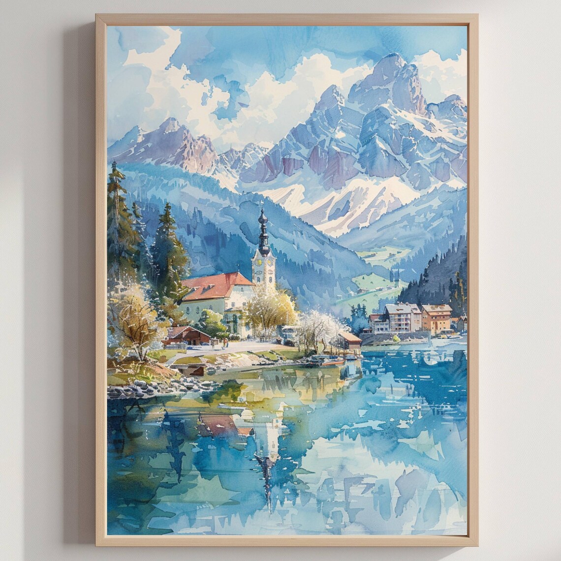 Austria Alpine Lake Village Church Snow Peaks Watercolor Poster