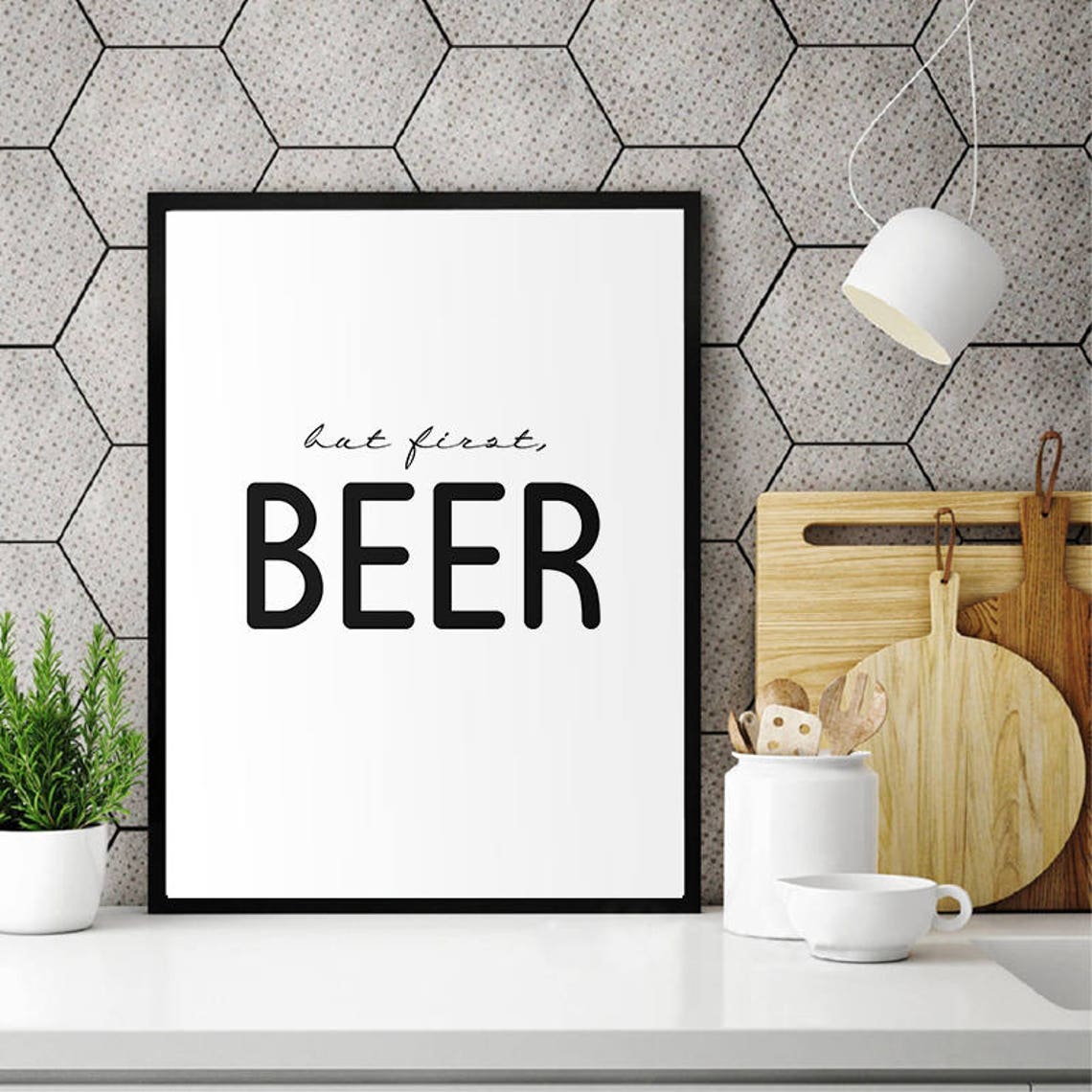 But First Beer Funny Script Typography Kitchen Wall Decor Poster - Image 2