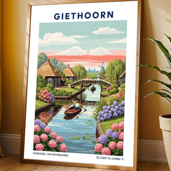 Giethoorn Dutch Village Art Print Pink Blue Green And Brown Illustration Contemporary Living Room Office Decor