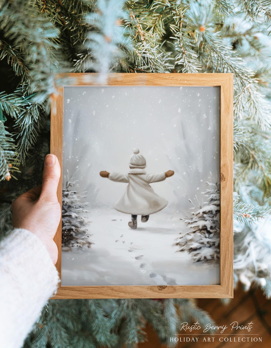 Child Running Into Snowy Forest Footprints Cute Winter Scene Print