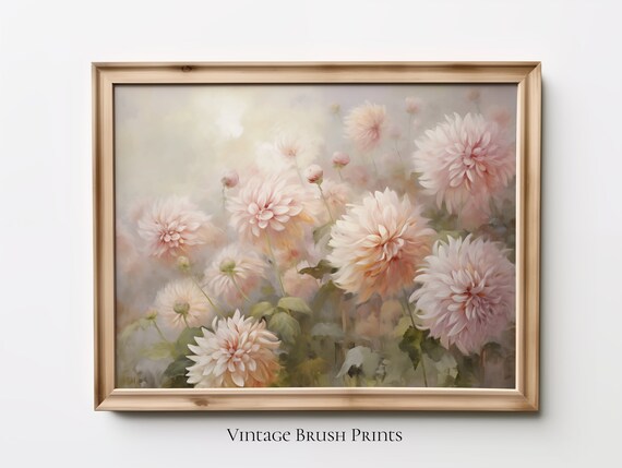 Soft Pink Dahlia Garden Dreamy Blush Floral Cottage Wall Art