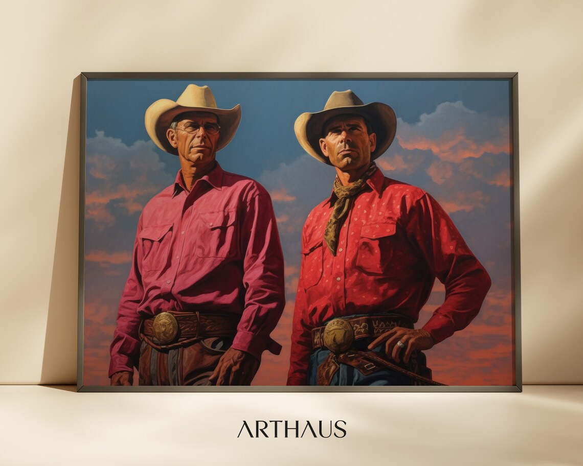 Two Cowboys at Sunset Western Frontier Painting Style Art Poster