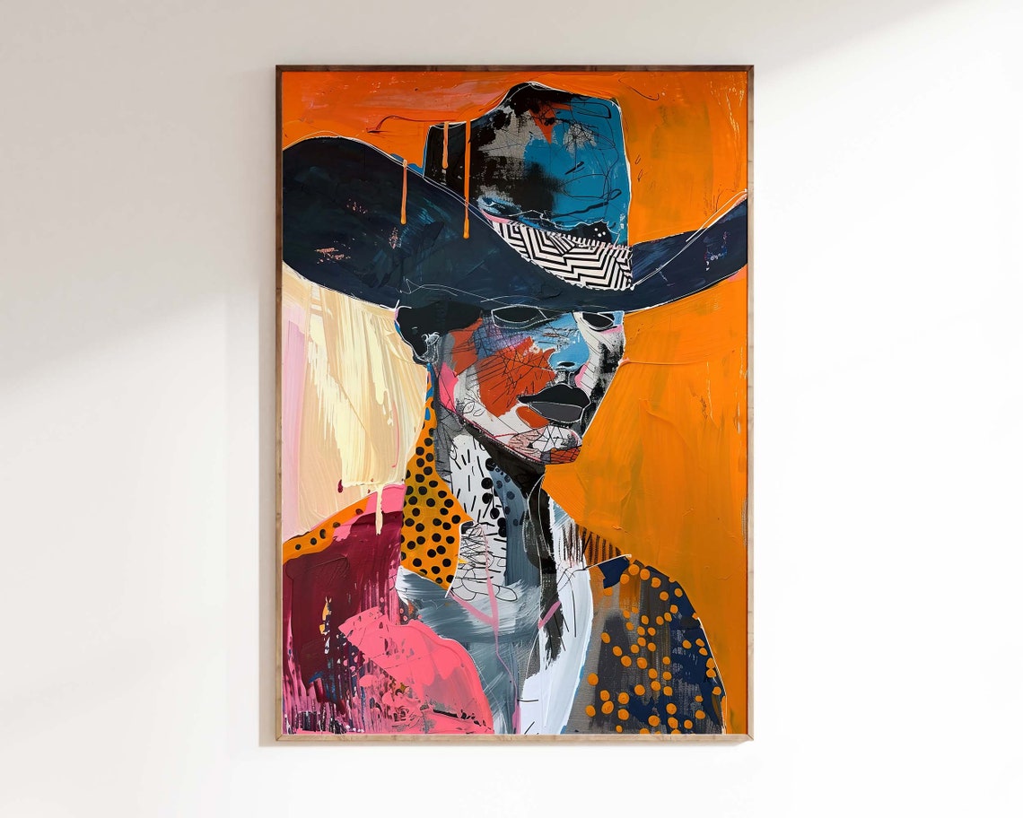 Bold Abstract Cowboy Portrait With Hat Fiery Orange Art Print - Image 3